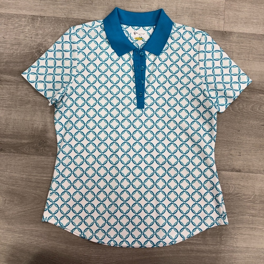 Greg Norman Size Medium Stylish Blue Patterned Women's Polo Shirt